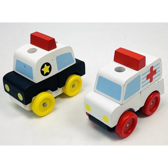 Lot 2 MELISSA & DOUG Wooden Stacking Emergency Vehicles AMBULANCE & POLICE CAR - Picture 1 of 7